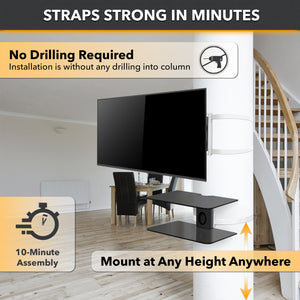 CondoMounts Pillar & Wall Floating Shelves for Soundbars, Gaming Consoles | No Drill Pillar & Wall Shelf | Holds 40lbs | Fits Pillars 8-in to 48-in Post | Fits No Stud Walls | Black Glass