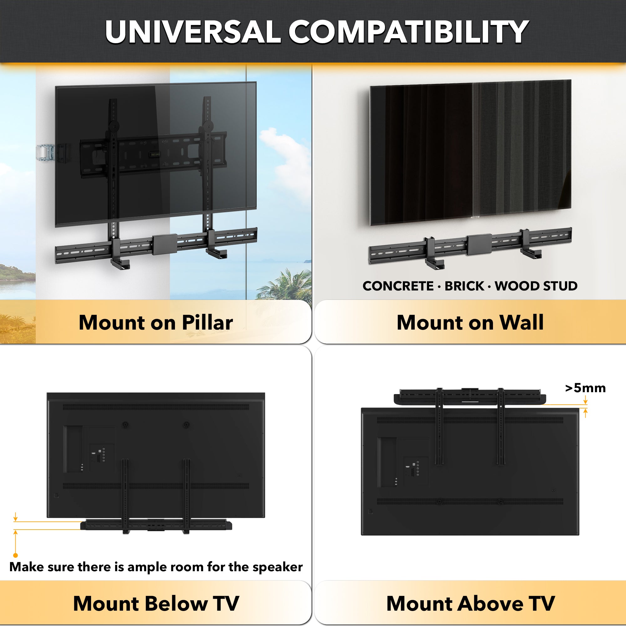 CondoMounts UNIVERSAL Pillar Sound Bar Mount | Customized size to FIT All-Brands | Easy Installation Above & Below TV | Holds 30lbs | Mounting Hardware Provided