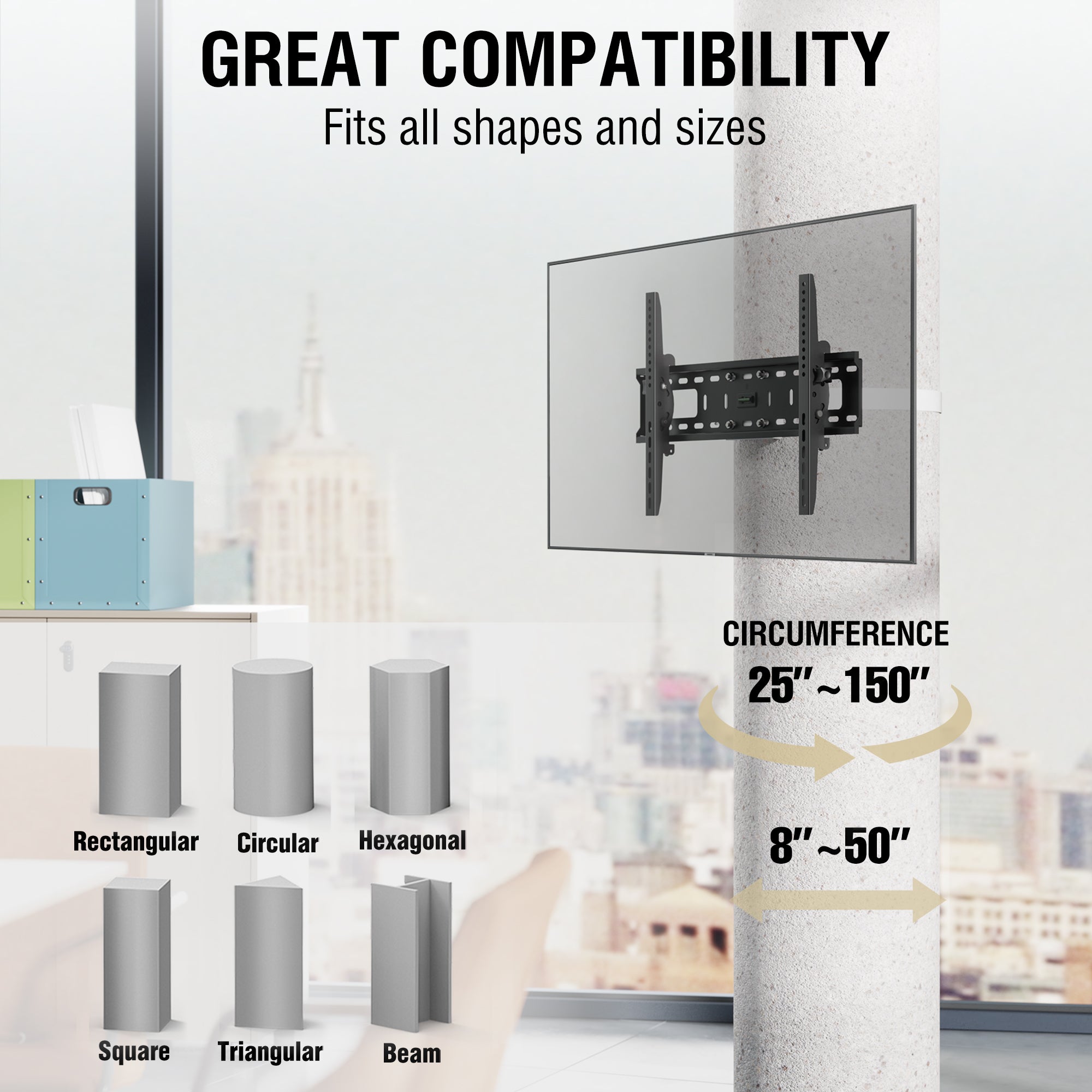 CondoMounts TILT Only-Large Pillar TV Mount | Column TV Mount | Round & Square Post TV Mount | No Drill | Holds 120lbs | Fits 37-in. to 85-in. TVs | Fits Pillars 8-in & Wider | White Strap
