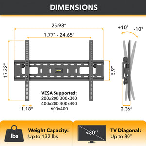 CondoMounts Tilt TV Wall Mount For Steel Stud | NO Stud | TV Mount Metal Studs | Holds 132lbs TV | Fits 37-in. to 80-in. TVs | Includes 200lbs Elephant Anchor Set with Titanium Drill Bit