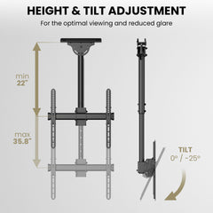 ZeboZap ZZTVC2144 Full Motion Outdoor Ceiling TV Mount Height Adjustable Hanging Mount for Patio Gazebo or Pergola Fits 32 to 55 Inch TVs with Tilt Swivel Flip Down Holds Up to 110 Pounds