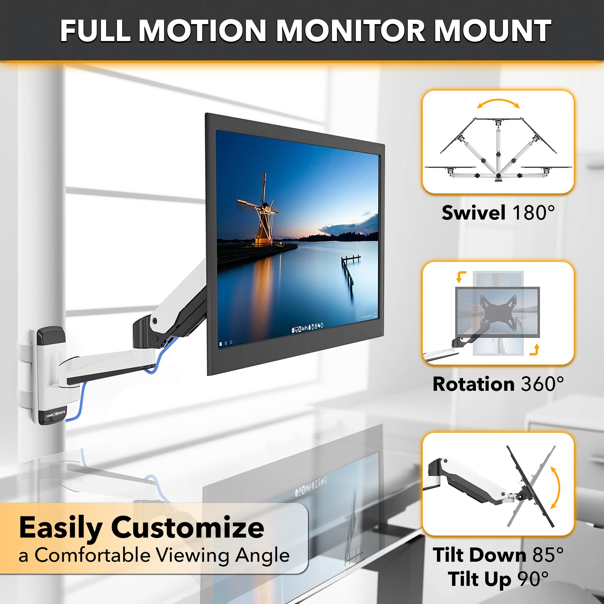 CondoMounts Height Adjustable TV Pillar Mount & Vesa Monitor Mount | Ratchet Strap Warehouse TV Mount | TV Mount Straps Included | GAS Spring Pole Mounting Brackets upto 32 inch TV & Monitor