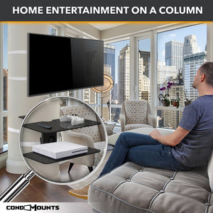 CondoMounts Pillar & Wall Floating Shelves for Soundbars, Gaming Consoles | No Drill Pillar & Wall Shelf | Holds 40lbs | Fits Pillars 8-in to 48-in Post | Fits No Stud Walls | Black Glass