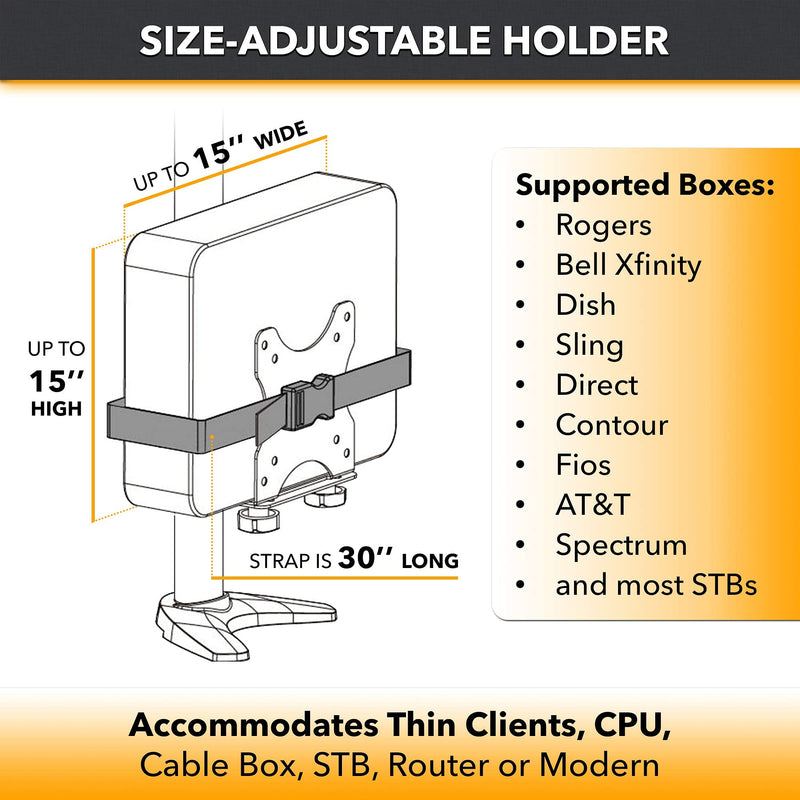 CondoMounts Console Wall Mount | Hide Behind TV/Under Desk | Thin Client-CPU | Cable Box | Streaming Device | Router | Holds 11lbs | Adjustable 0.7-in. to 2.80-in. | 30-in. Strap | All Black