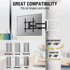 CondoMounts Full Motion LARGE Pillar TV Mount | Column TV Mount | Round & Square TV Post Mount | NO Drill | Holds 80lbs | Fits 32-in. to 70-in. TVs | Fits Pillars 8-in & Wider | White Strap