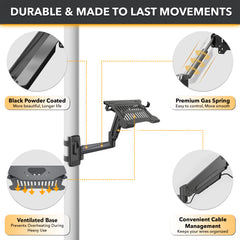 ZEBOZAP Laptop Wall Mount Holder – Fits Up to 19" Devices, 360° Rotation, Anti-Slip Tray, Tool-Free Strap for Poles